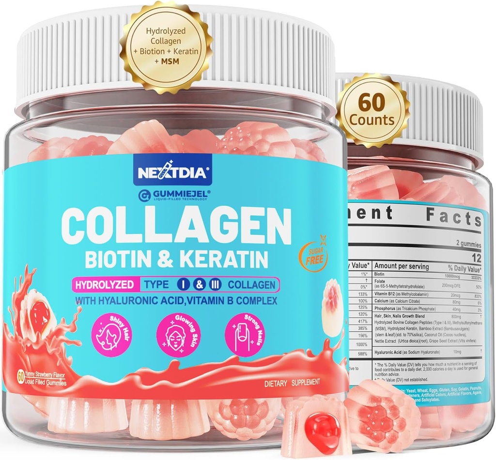 Multi Collagen Filled Gummies for Women Sugar Free Biotin 10000mcg, Multivitamin שיער עור וציפור ויטמינים לצמיחה שיער, עם hydrolyzed Collagen פפtide Keratin Hyaluronic Acid MSM ויטמין B ויטמין B