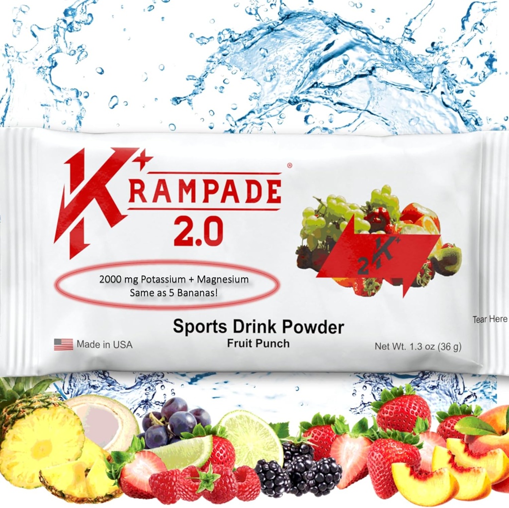 Krampade 2.0 2K: 50 מ"ג מגנזיום + 2000 מ"ג Potassium Cramp הקלה אבקת משקה אלקטרוליטה: Faster Recovery, Slower Fatigue, Optimized hydrotion | 20 Single-משרתת Packets (Fruit Punch)