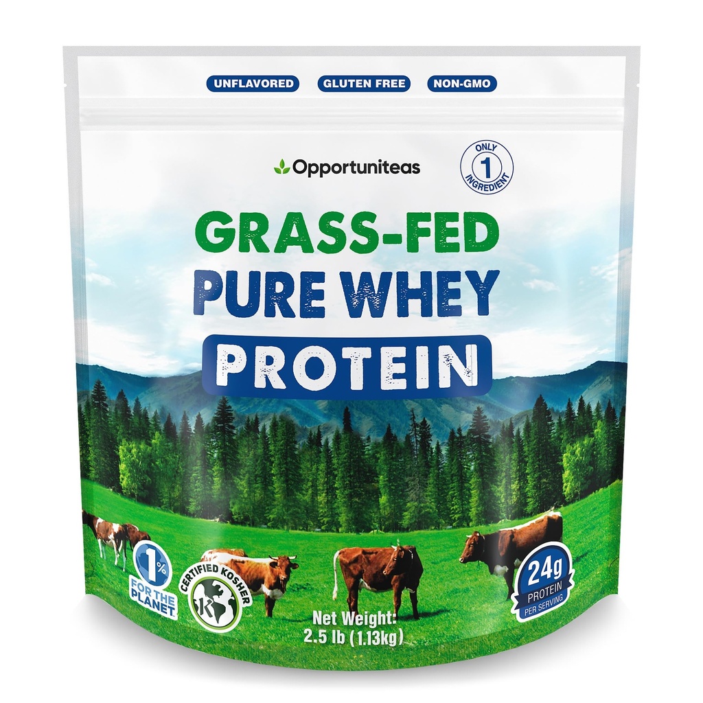 Opportuniteas Grass פד Whey חלבון אבקת ריכוז - 1 Ingredient - תוסף חלבון טהור לשתייה, Smoothie, Shake, Cooking & Baking - Non GMO, הורמון חינם וגלוט חינם - 2.5 lbs