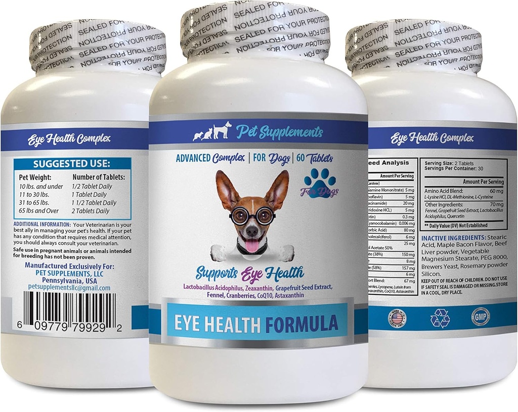 כלבים עיניים ויטמינים - Dogs Eye Health Formula - Advanced Eye Support Complex - VETS מומלץ - כלב Lutein - 1 בקבוק (60 טבליות)