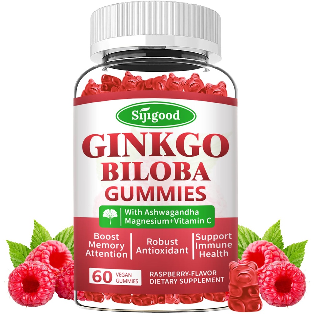Genekgo Biloba Gummies עם Panax גינזנג ומגנזיום, Genekgo Biloba תוספי מזון עבור Focus, זיכרון ובריאות המוח למבוגרים וילדים, טבעוני פטל פלפור מסטיקים, הרוזן 60