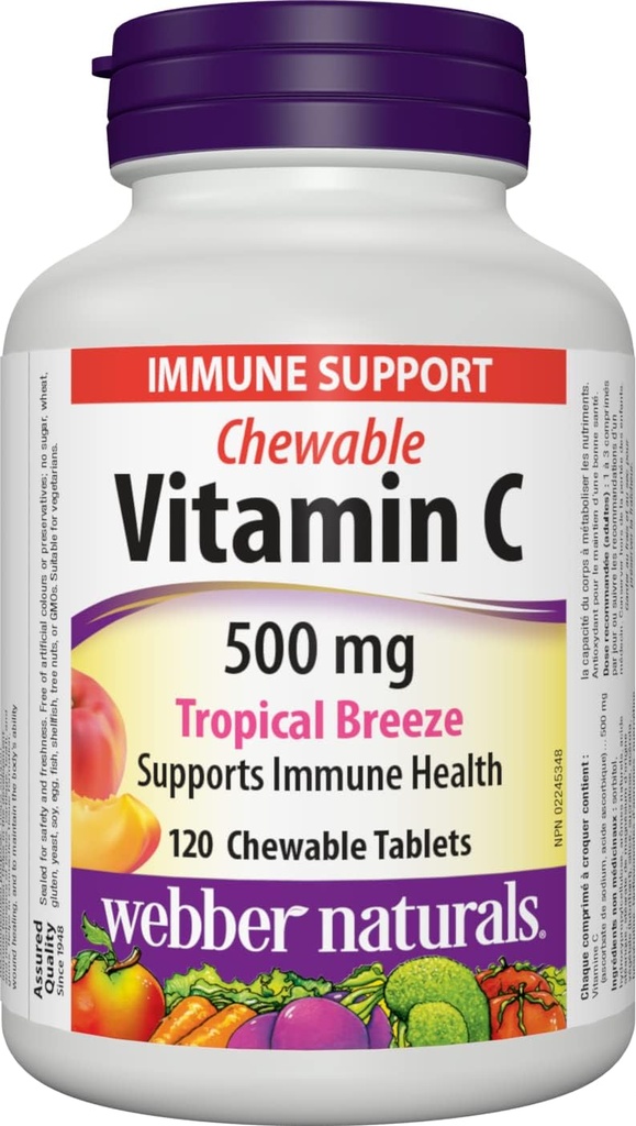 Webber Naturals ויטמין C Chewable 500 מ"ג, 120 טבליות טרופיות של ביבר