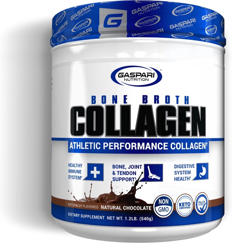 Gaspari Nutrition Bone Broth, אתלטיקו קולג'ן, חלבון 13g, Gluten Free, non-GMO, Keto Certified, Gut and Joint Health (30 משרתים, שוקולד טבעי)