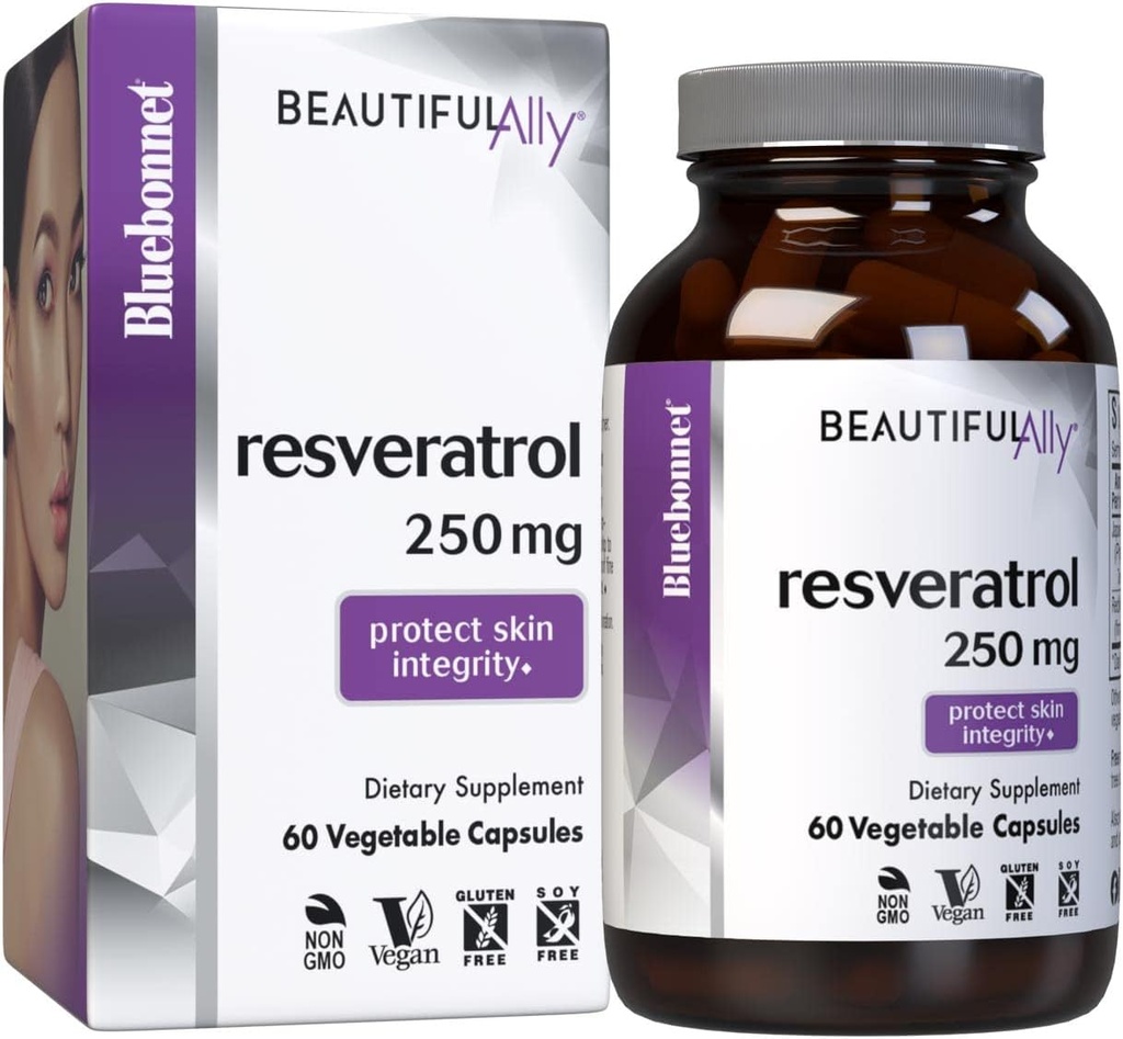 Bluebonnet Nutrition Beautiful Ally Resveratrol 250 מ"ג, הטוב ביותר עבור Skin, Antioxidant, Beauty Foodsent, טבעוני, צמחוני, non GMO, Gluten Free, Soy Free, 60 קפסולות ירקות, 60 משרתים