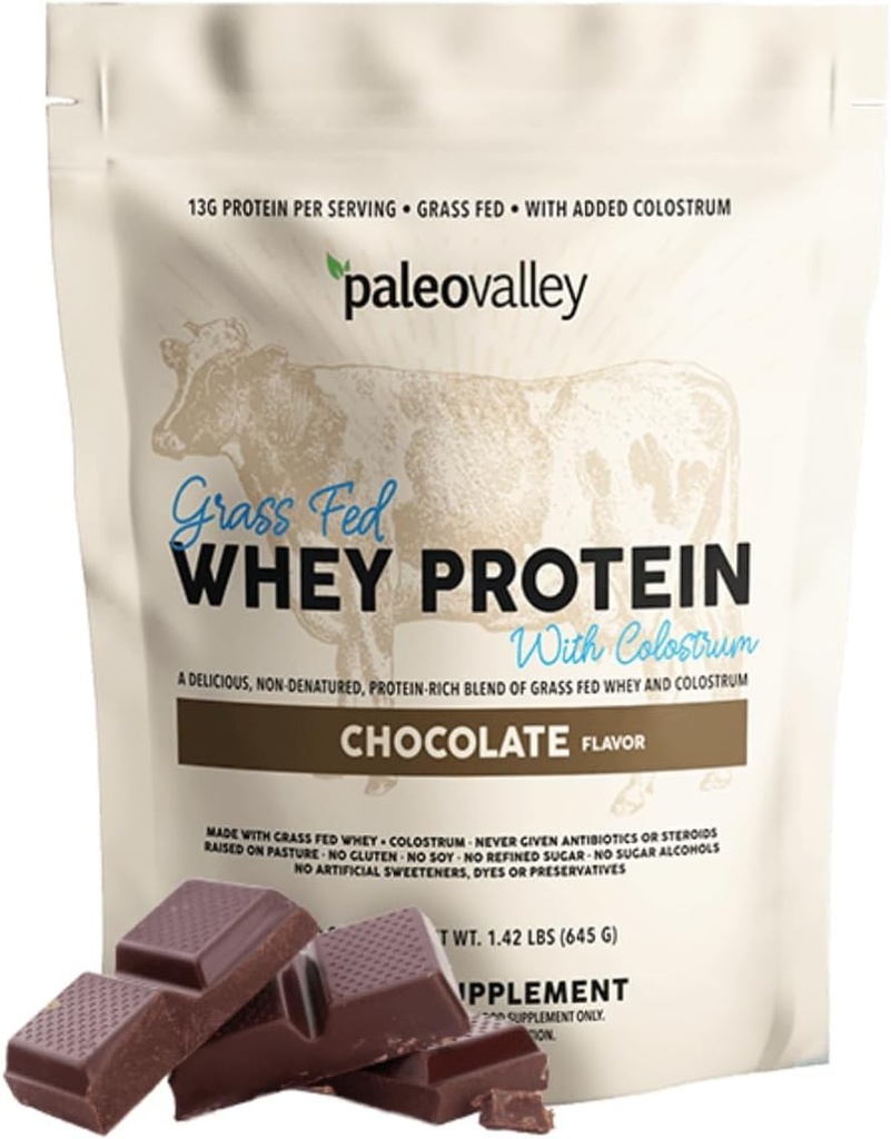 Paleovalley 100% Grassfed Whey אבקת חלבון עם Colostrum, 13g חלבונים, שוקולד, שריר בניין, תמיכה Immune, Gut Health