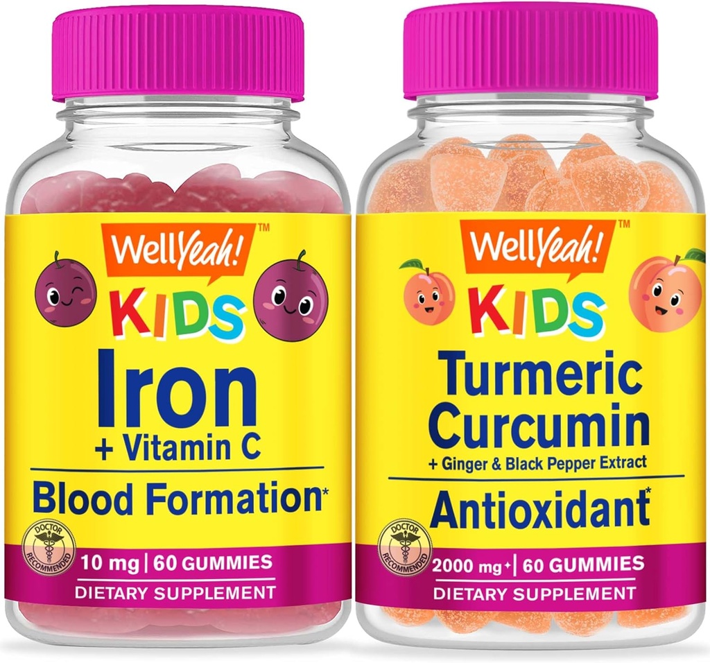 ובכן, כן ברזל + ויטמין C ילדים + Turmeric Curcumin ילדים, חניכיים Bundle - גדול Tasting, ויטמין תוסף, Gluten Free, GMO חינם, Chewable Gummy