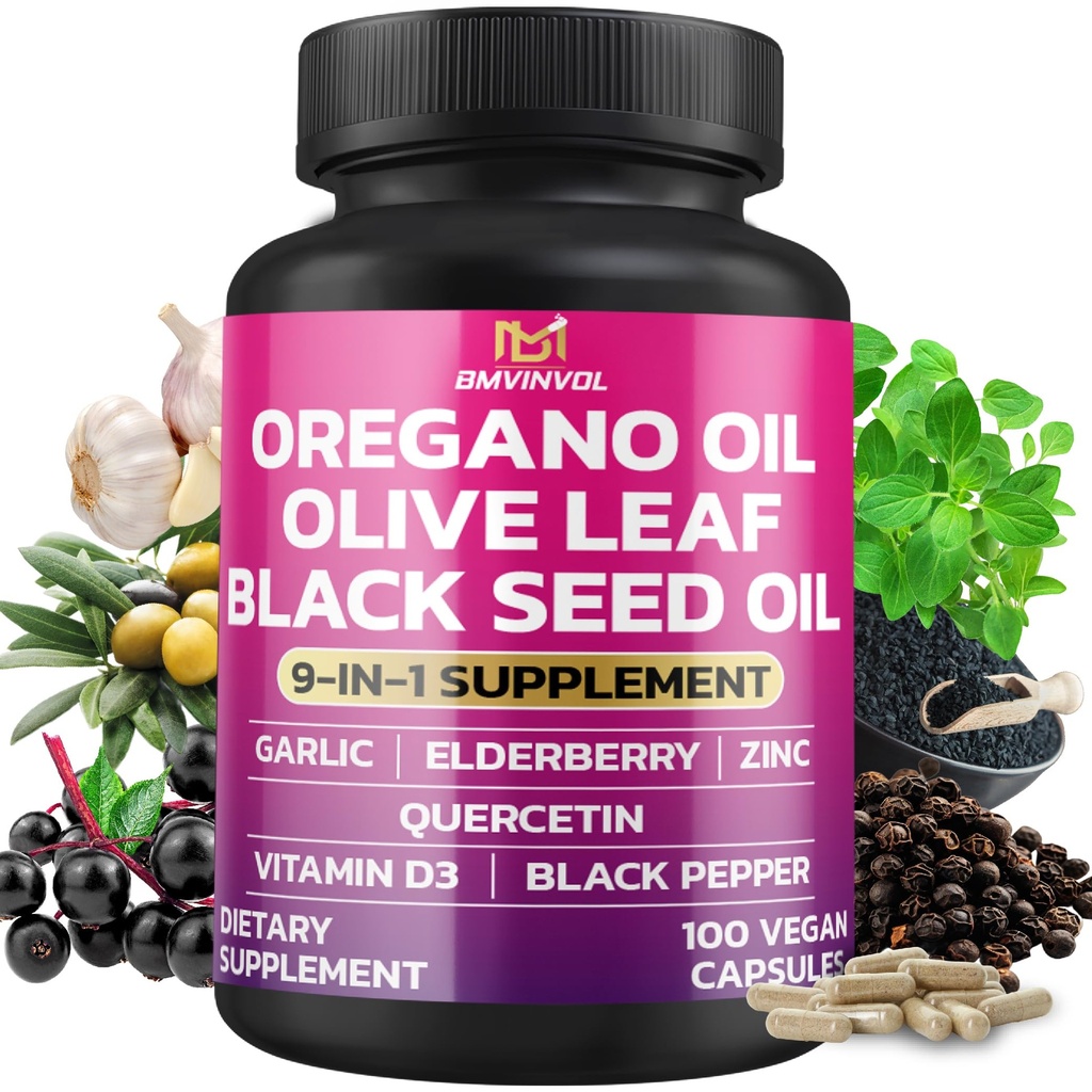 BMVINVOL Oregano Garlic Olive Leaf Black Seed+5 More - Immune Support & Digestive Health Supplement for Women and Men - 100 קפסולות