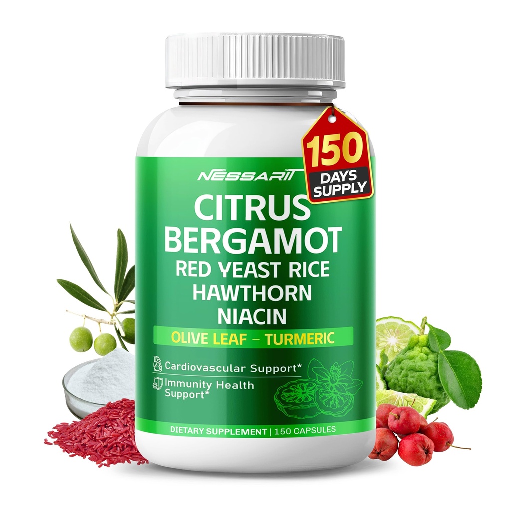 תוסף Citrus Bergamot - 15in-1 טבעי בלנדר עם Red Yeast Rice הות'ורן אוליבייק Leaf Odorless Garlic Turmeric Gig Fenugreek - 150 Count - Made & Tested in the USA