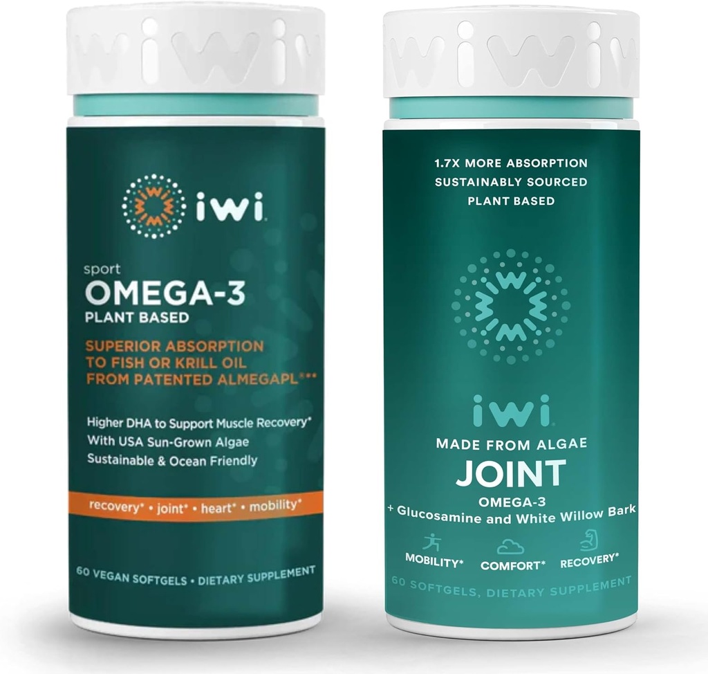 iwi אומגה 3 Sport & Joint אומגה 3 Bundle, 30 משרתות, Algae אומגה 3, קריל & Fish שמן אלטרנטיבי, No Fishy Aftertaste