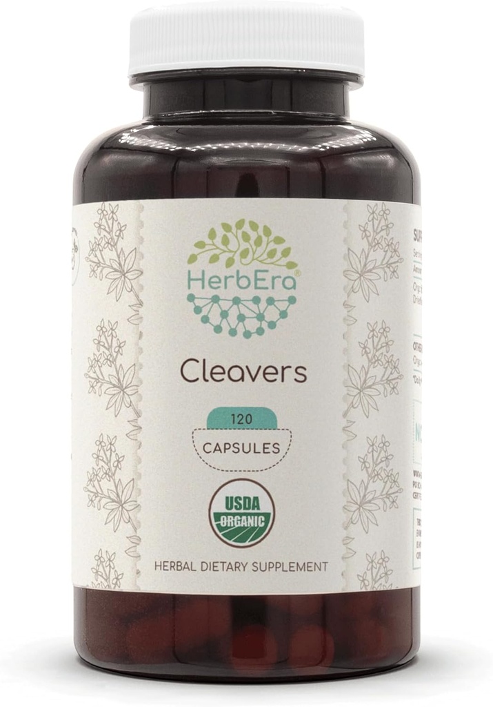 HerbEra Cleavers USDA אורגני 120 קפסולות | תוספת צמחית טבעית | קפסולות אורגניות וצמחוניות אורגניות (Galium aparine) Dried Herb (120 קפסולות)