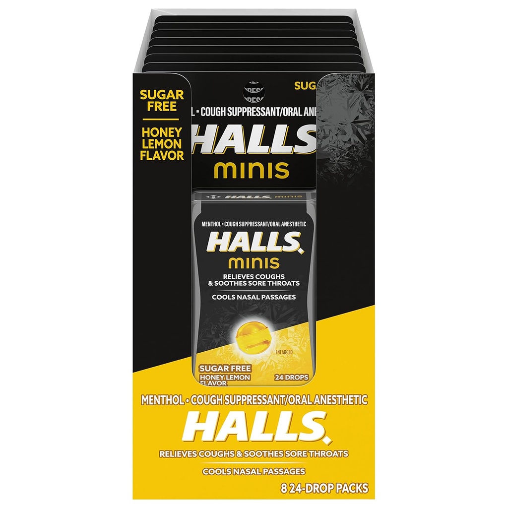 HALLS Minis Honey Lemon Flavor Sugar Free Cough Drops, 8 חבילות של 24 טיפות (192 Drops Total)