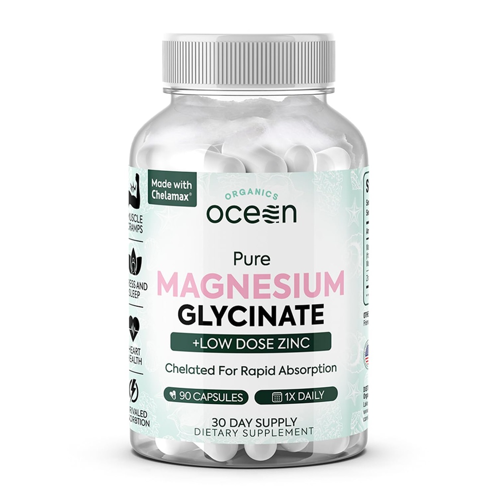 אורגנים Ocean Pure Magnesium Glycinate עם Zinc - כוח מקסימלי צ'אד מגנסיום תוספת לנשים וגברים עבור שריר Cramps ותמיכה בשינה - 90 קפסולת