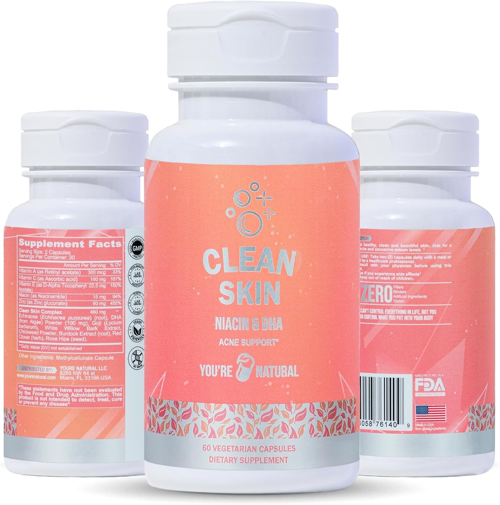 You're NATURAL נקי עור תוסף | תמיכה ב- Skin Support ויטמינים לנשים, Men & Teens, ויטמין A, Zinc, DHA, ויטמין C, ויטמין C, ויטמין C, ויטמין E - Gluten Free - מיוצר בארה"ב - 60 קפסולות