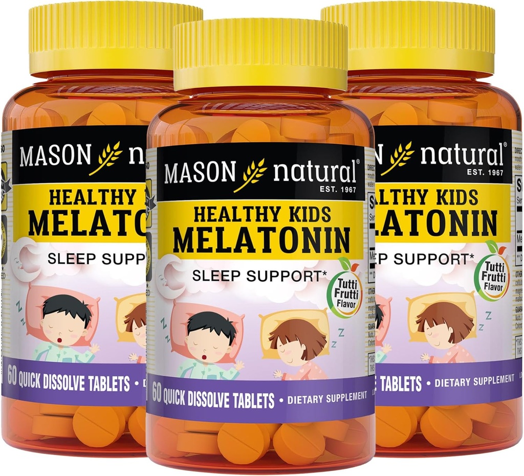 MASON NATURAL בריאות ילדים מלטונין, עבור ילדים, תומך שינה בריאה, מהיר אקטינג, פירות פלבדור, 60 טבליות במהירות דיסלוט (Pack of 3)