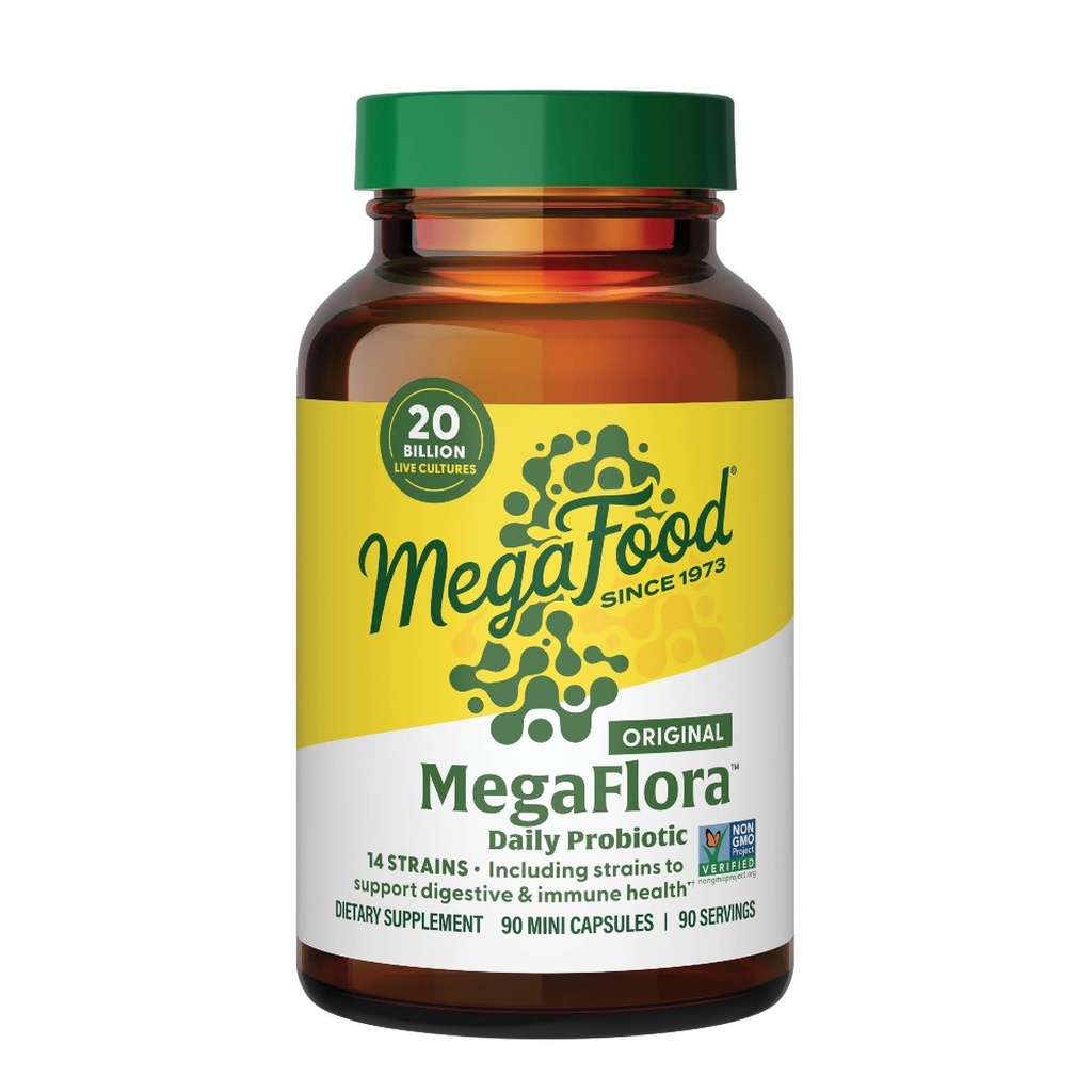 Mega Food MegaFlora Probiotics for Women Digestive Health - Immune Support Supplement - 20 מיליארד CFU - 14 Strains - Non-GMO - Vegetarian - 90 מיני קפסולות (90 משרתים)
