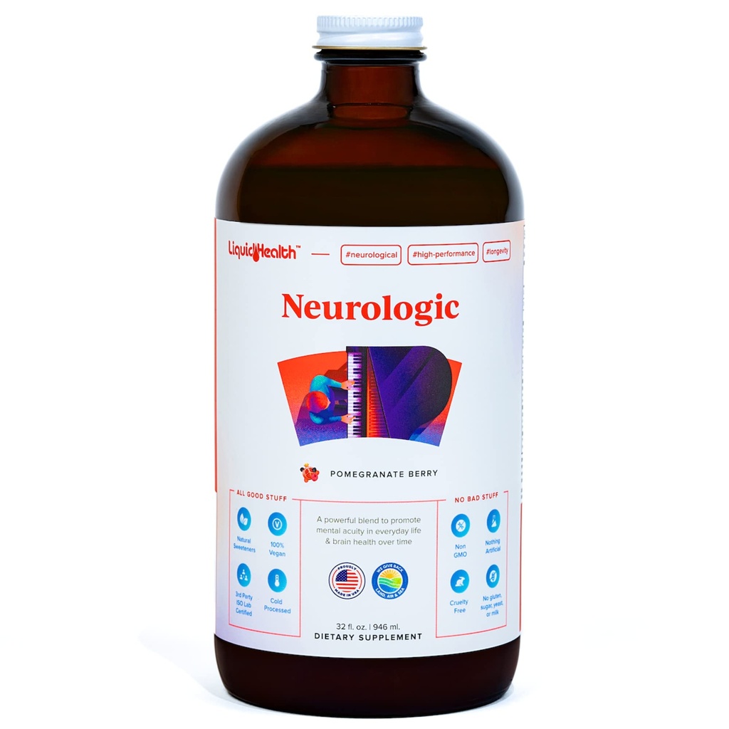 LIQUIDHEALTH Neurologic Focus תוסף Brain Booster Nootropic עבור פונקציונליות קוגניטיבית, זיכרון והתמקדות עם גינקו בילובה, Choline, L-theanine & Phosphatidylserine - ארה"ב Made (32 oz)