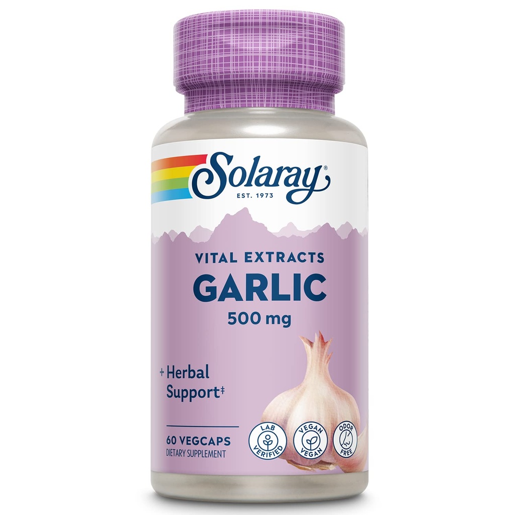 SOLAרי Garlic תוספת 500 מ"ג, טבעוני, אודור ללא Garlic לחלץ, בשימוש מסורתי עבור בריאות הלב ותמיכה Immune, טבעוני, Odor חינם, מעבדה מאומת, 60 יום הבטחת, 60 משרת, 60 Enteric VegCaps