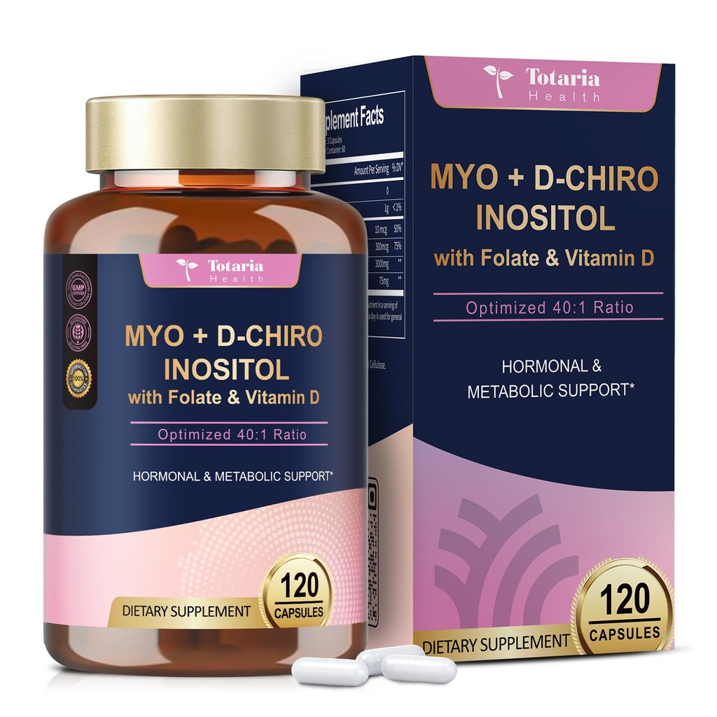 Totaria Myo-Inositol & D-Chiro Inositol תוסף Capules 3075 מ"ג, בתוספת Multivitamin ויטמין D3, Folate, אידיאלי 40:1 Ratio - Hormonal Balance for Women & Ovarian * תמיכה