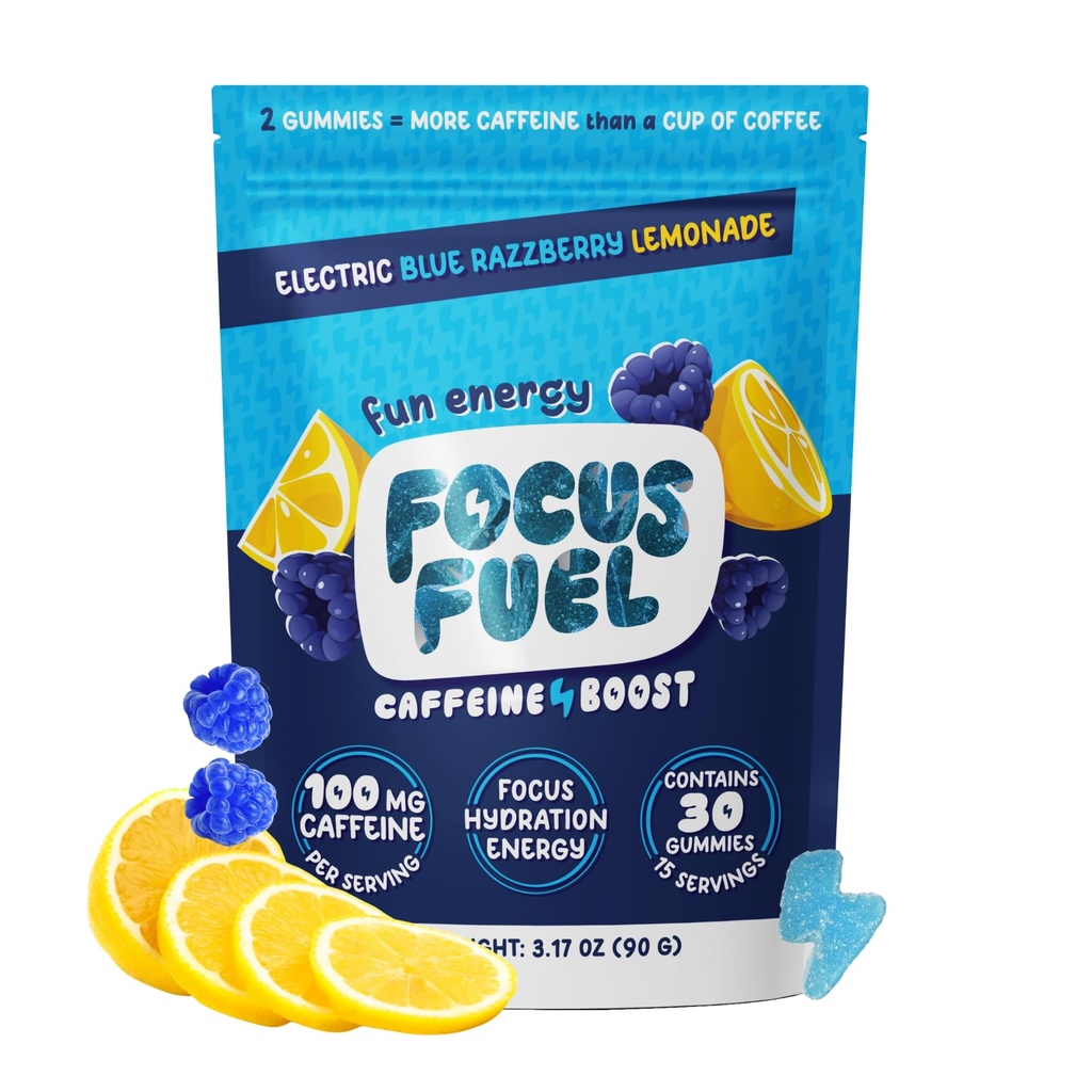 FocusFuel Energy Chews - Blue Razzberry Lemonade (15 משרתים) - 100 מ"ג קפאין + אלפא GPC + L-theanine + B12, Magnesium - טעם גדול - לא התרסקות או Jitters