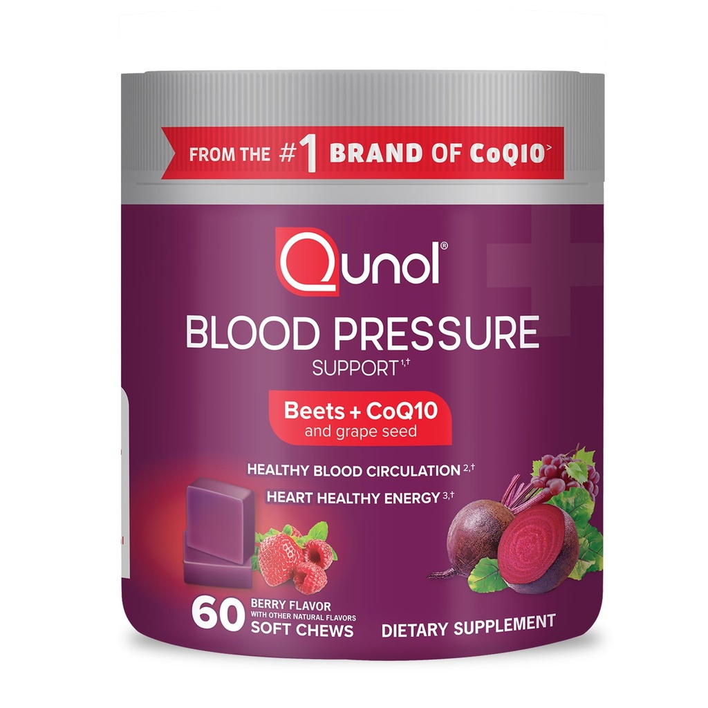 Qunol Beets Chews for Blood Pressure Support, 3 ב 1 Beets + CoQ10 + Grape Seed Extractd Extract, תומך דם בריא מחזור אנרגיה בריאה, 60 צ'יפס