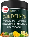 Dandelion Root תוסף 7500 מ"ג 6in1 עבור Digest, Heart Health & Immune - מעורב עם ג'ינג'ר, Turmeric Curcumin, Ceylon Cinnamon, Lemon Balm & Holy בזיל - 100 קפסולות דנדלון