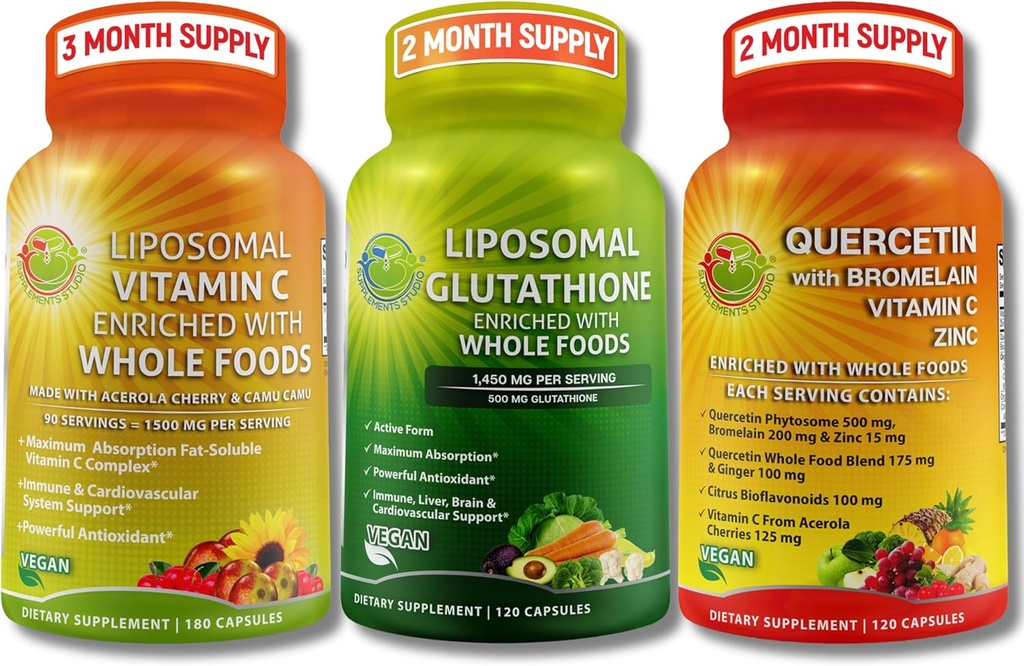 Total Plant-based Antioxidant & Immune Support Bundle - ויטמין C 1500 מ"ג + Liposomal Glutathione 500 מ"ג + Quercetin עם Bromelain, Zinc & ויטמין C - טבעוני, משופר Absorption Formulas