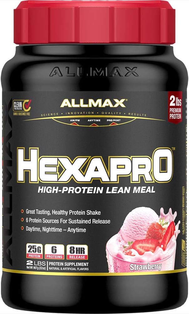 AllMAX HEXAPRO, Strawberry - 2 lb - 25 גרמים של חלבון Per המשרת - 8-Hour Sustained שוחרר - Zero Sugar - 21 משרתות