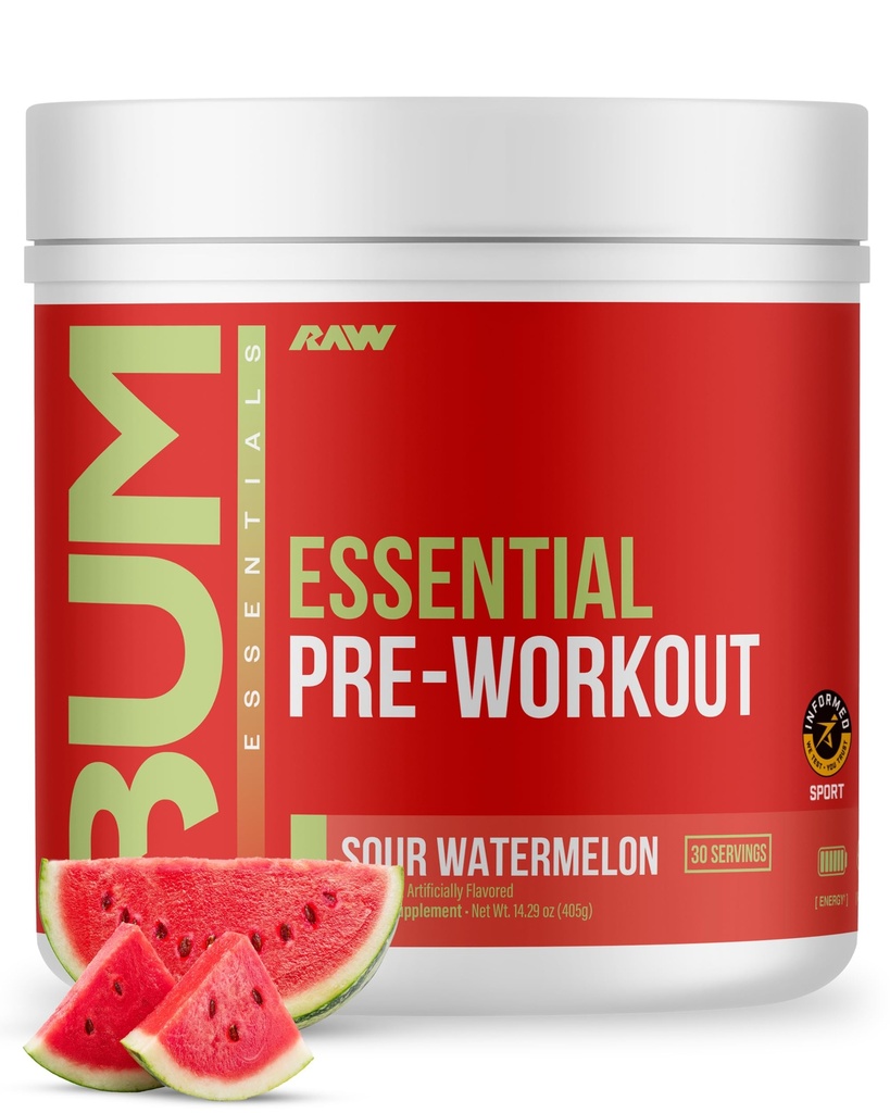 RAW Essential Pre-Workout אבקה (Sour Watermelon) - כריס בומסטד ספורט תוספי תזונה לגברים ונשים - אבקת אנרגיה מוקדמת עם Caffeine, L-Citrulline, L-Tyrosine, & Beta Alanine