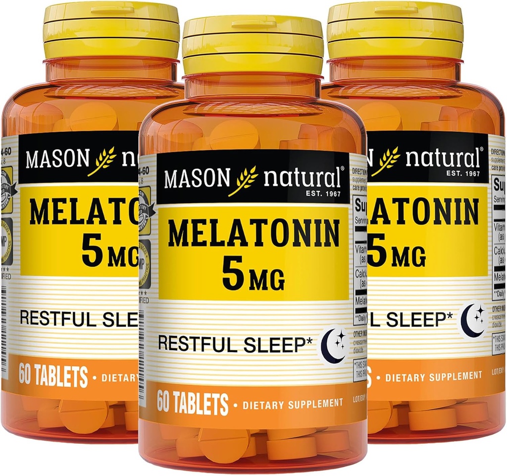 MASON NATURAL מלטונין 5 מ"ג עם B6 ו Calcium - Natural Sleep Aid, תומך שינה בריאה ומנוחה, 60 טבליות (Pack of 3)
