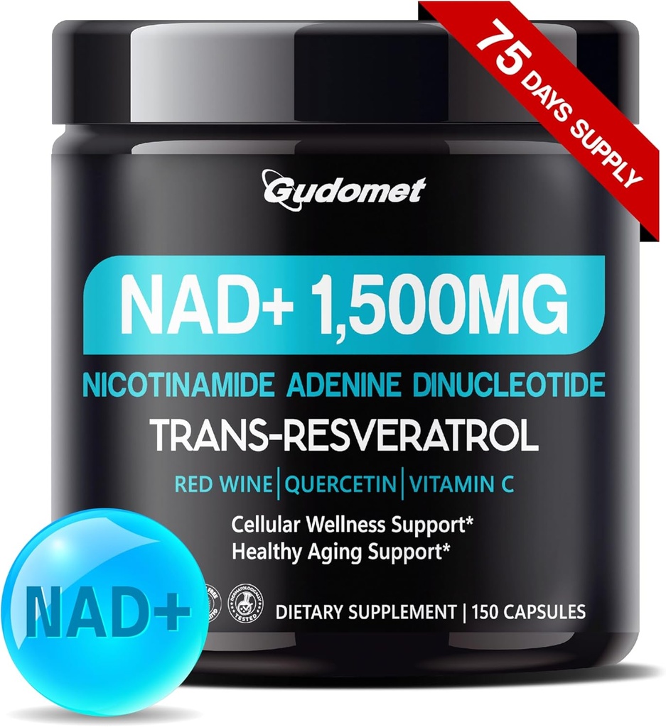 NAD+ עם Trans-Resveratrol, Red Wine, Quercetin & ויטמין C - תומך ב- Cellhealth & Healthy Aging-150 קפסולות המיוצרות בארה"ב