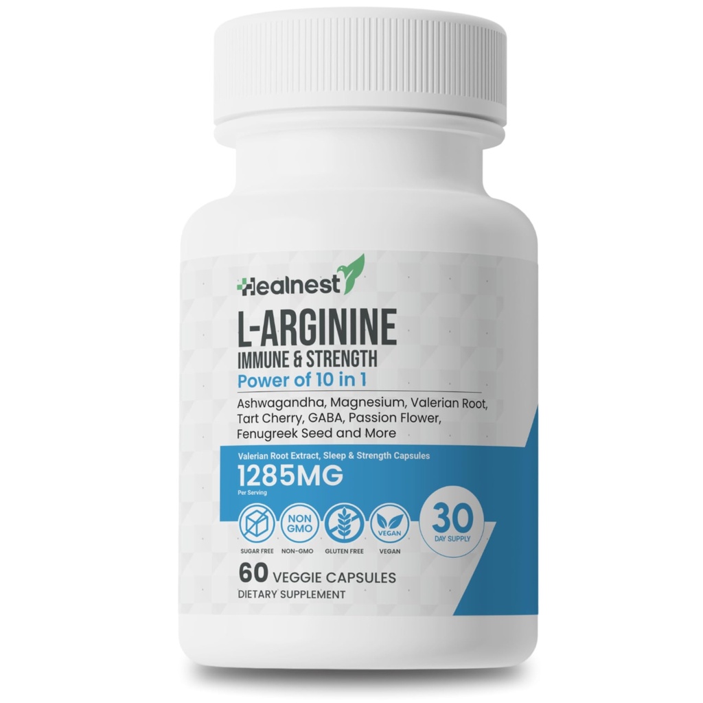 קפסולות L-Arginine - 1285MG תערובת של Ashwagandha, L-theanine, Magnesium, GABA, Zinc & Tart Cherry - שריר התאוששות, הקלה מתח, תמיכה Mood - Non-GMO, 60 קפסולות Veggie לגברים ונשים