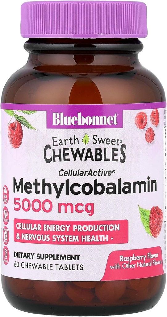 BlueBonnet Nutrition Earth Sweet ® Chewables, cellActive® Methylcylobalamin, Raspberry, 5,000 mcg, 60 טבליות צ'כוסות