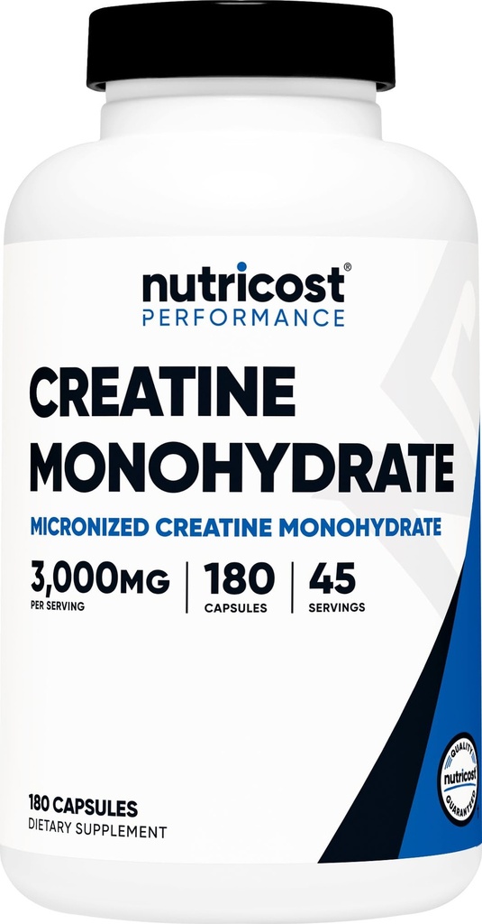 Nutricost Creatine Monohydrate 3,000 מ"ג, 180 קפסולות (750 מ"ג פר קפסולה) - Gluten Free, non-GMO