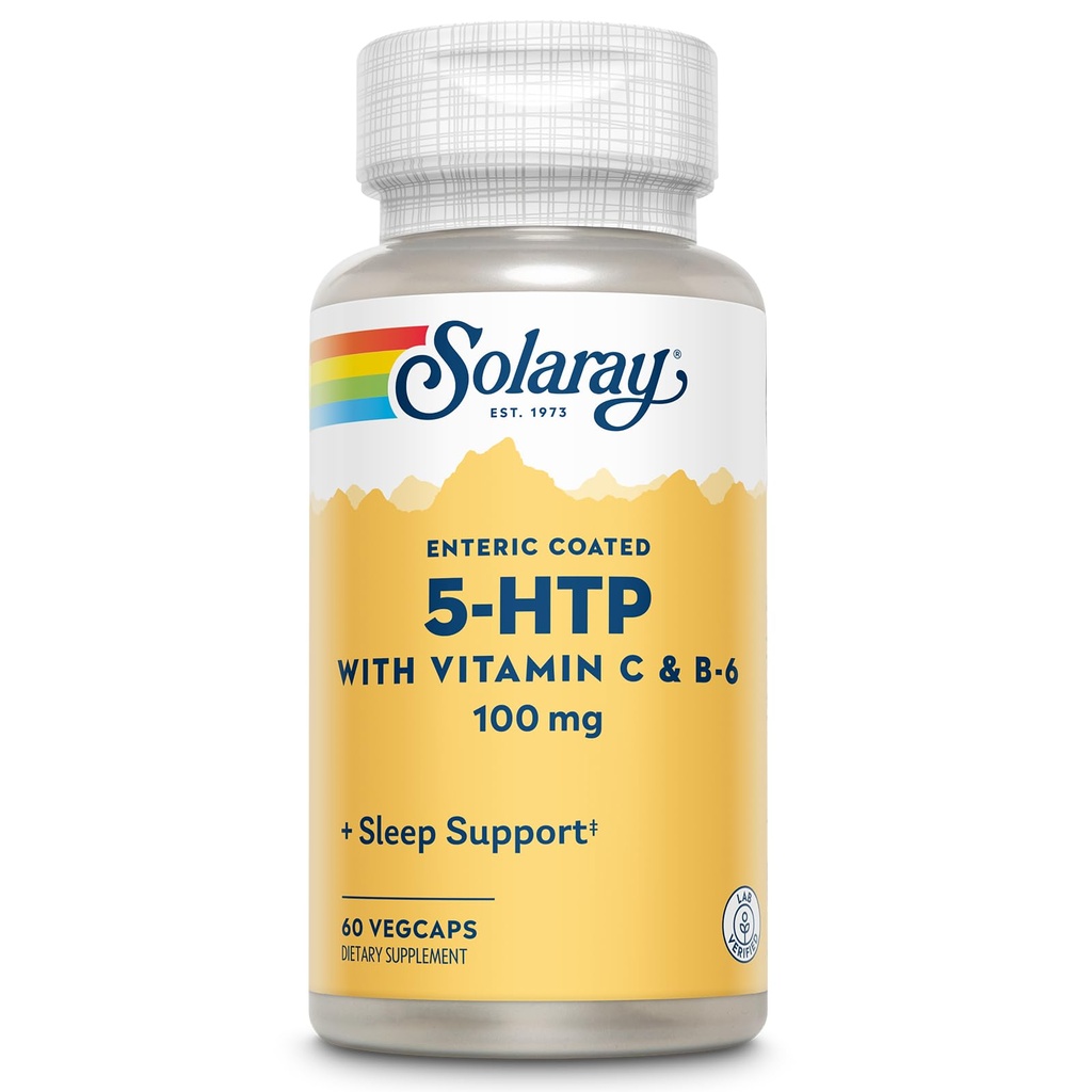 SOLAרי 5 HTP תוספת עם ויטמין C & B-6 - תוספי שינה ותמיכה Serotonin Synthesis - מעבדה מאומתת, 60-Day החזר הבטחת - 60 משרתות, 60 Enteric Coated VegCaps
