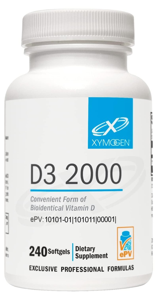 XYMOGen D3 2000 - ויטמין D3 2000 IU (50 mcg) - תוסף ויטמין D גבוה לצריכת בריאות החיסון, העצם + בריאות הלב (240 Softgels)