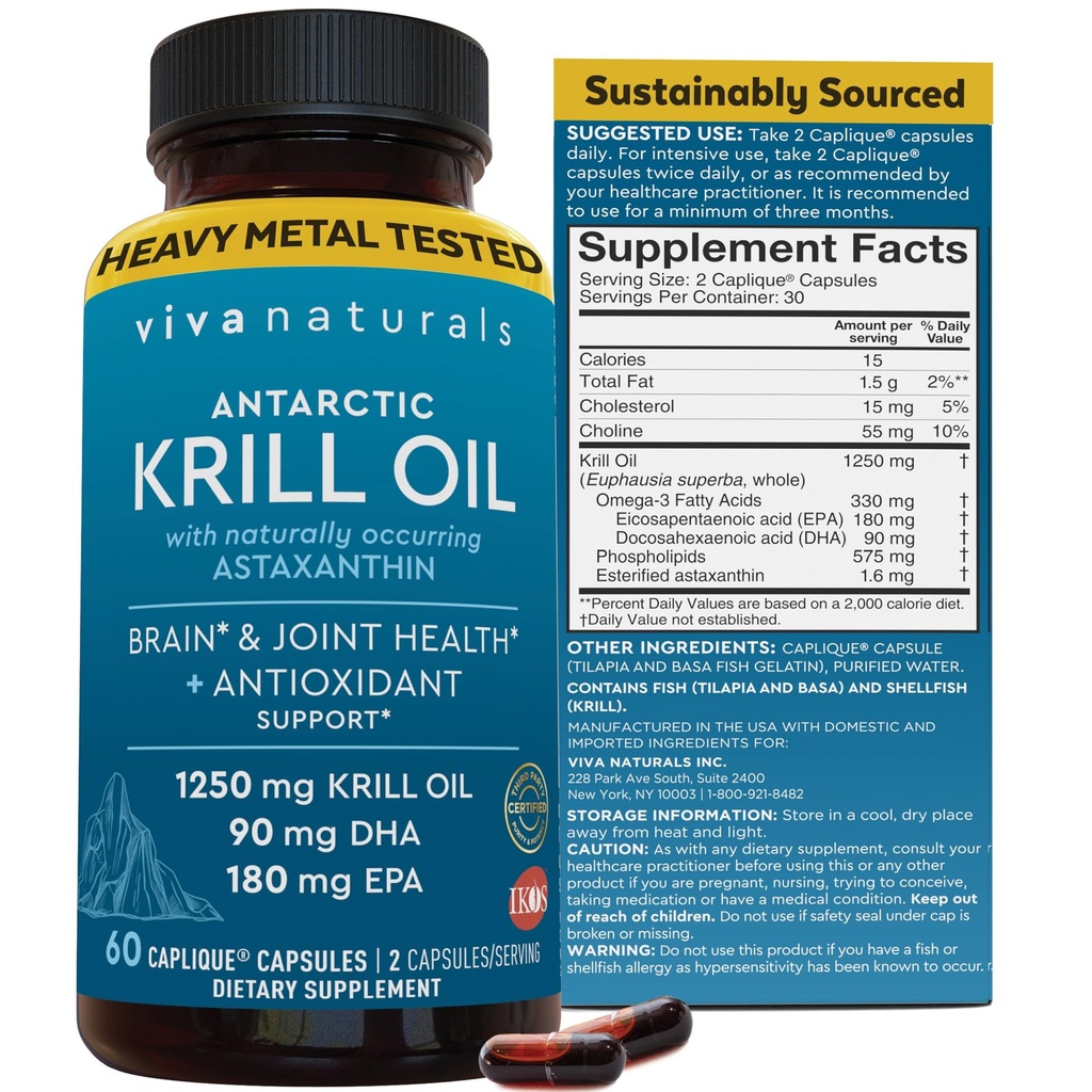 Viva Naturals אנטארקטיקה קריל שמן אומגה 3 תוספי 1250 מ"ג - DHA EPA אומגה 3 & Astaxanthin ריכוז לבריאות משותפת, No Fish Burp - 60 קריל שמן קפסולות