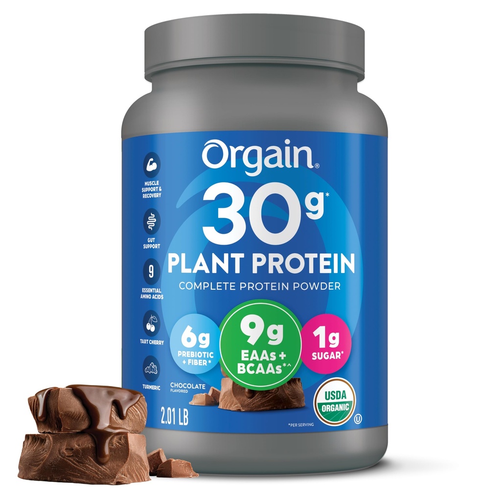 Orgain אורגני 30g אבקת חלבון טבעוני, שוקולד 9g EAAs + BCAAs, חלבון צמחי, 6g Prebiotic + סיבים, 1g סוכר, Pre-Workout, תמיכה שרירים + Recovery - 2.01lb (Packaging May Vary)