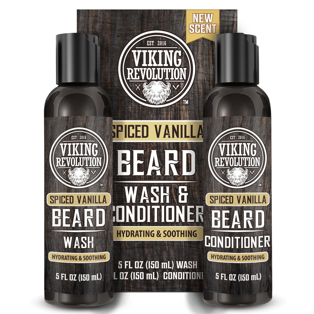 המהפכה הוויקינגית Beard Wash and Beard Conditioner for Men with Argan Oil ו- Jo Joba Oil - Beard Softener and Powerener Beard Care Beard Shampoo and Conditioner with Beard Oil (5oz, Spiced Vanilla)
