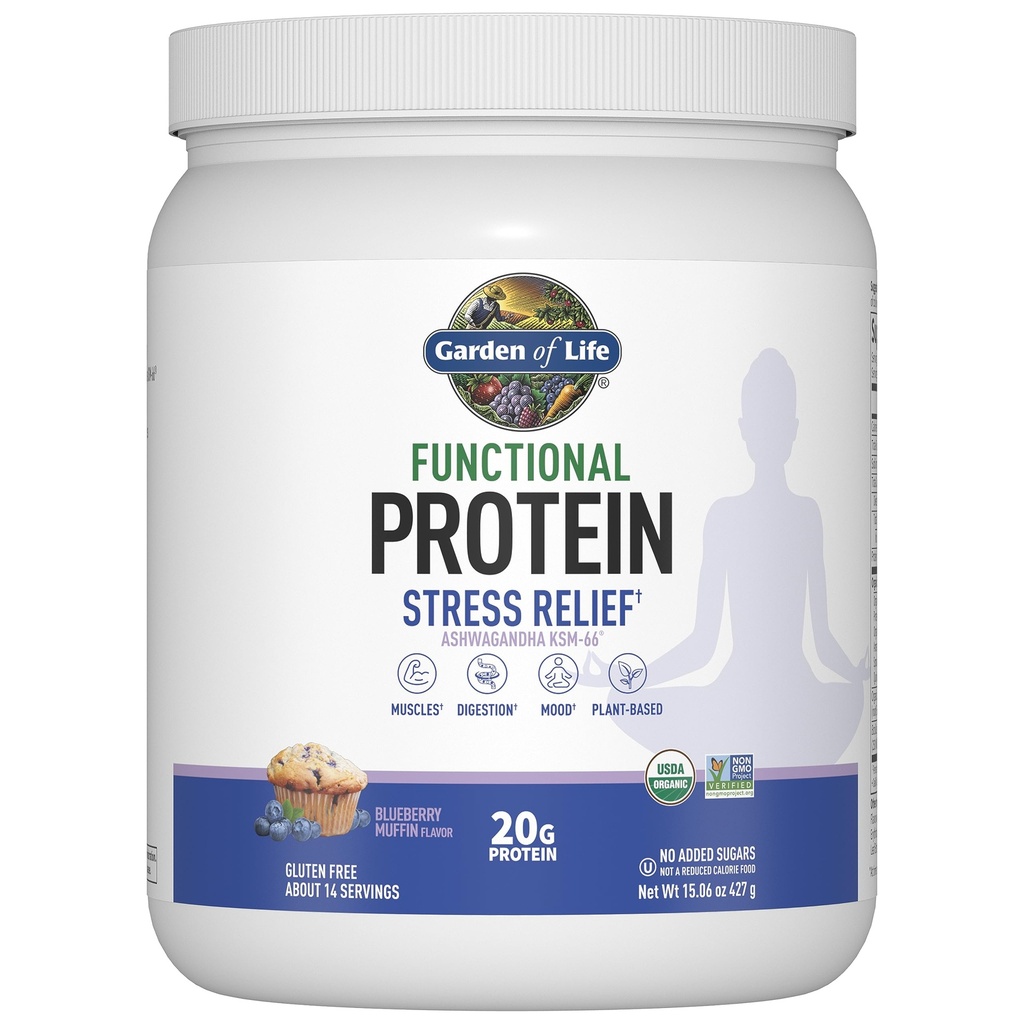 Garden of Life - Functional Protein Stress Relief - 20g Organic Spcoursed & Fermented Protein - Blueberry Muffin, Mood Pool for Stress Management, Ashwagandha KSM-66, טבעוני - כ-14 משרתים