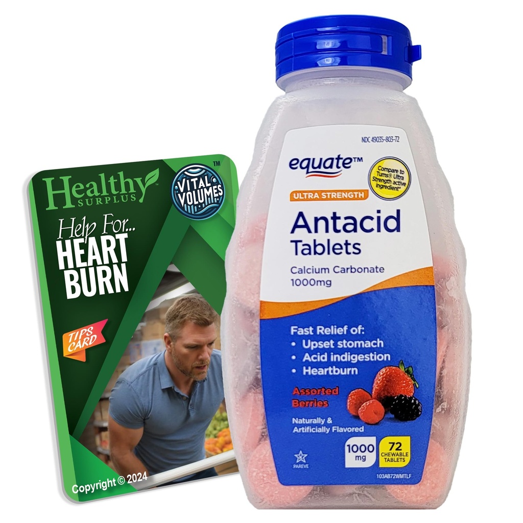 Ultra Power Antacid טבליות - Calcium Carbonate 1000 מ"ג - 71 טבליות Chewable Assorted Berries ו Vital Volumes טיפים Card Bundle