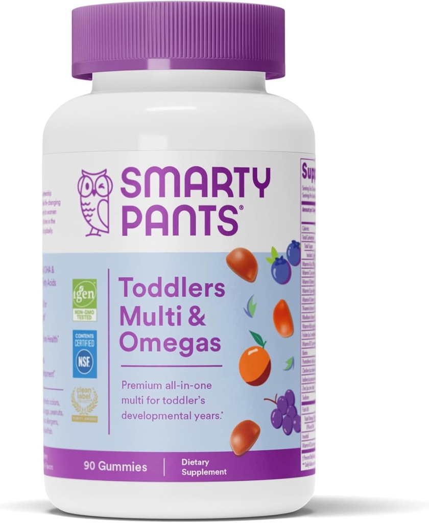 SmartyPants Toddler Multivitamin Gummies: אומגה 3 שמן דגים (EPA / DHA), ויטמין D3, C, ויטמין B12, B6, A, K & Zinc, Biotin, Beta Carotene, Gluten Free, Three Fruitors, Count (30 יום אספקה)