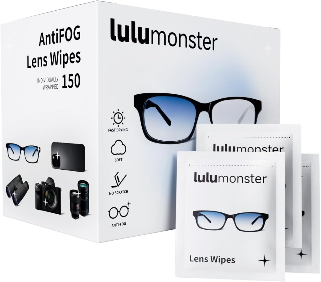 Anti Fog Lens Wipes for Eyeglass Lulumonster, [150 Pre-Moistened Individually Wrapped Wipes] [Non-Scratching & Non-Streaking] ניקוי יותר Wipes עבור משקפיים, משקפי שמש, מצלמות מסך טלפון מצלמה Lens, Goggles