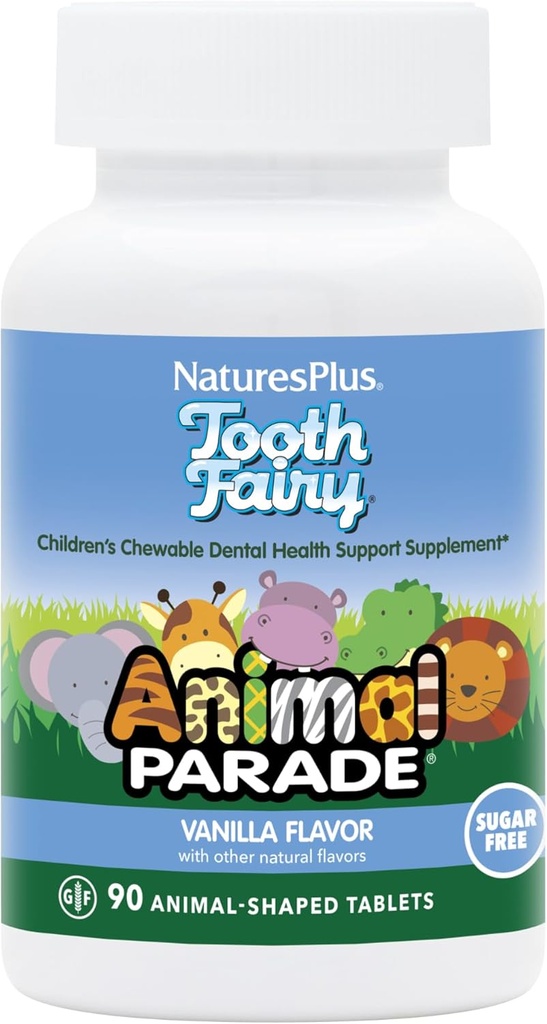 NaturesPlus Animal Parade Tooth Fairy Children's Chewables - Natural Vanilla Flavor - 90 Animal-Shaped Tablets, Pack of 2 - Dental Health Supplement - Vegetarian, Gluten Free - 90 סה"כ