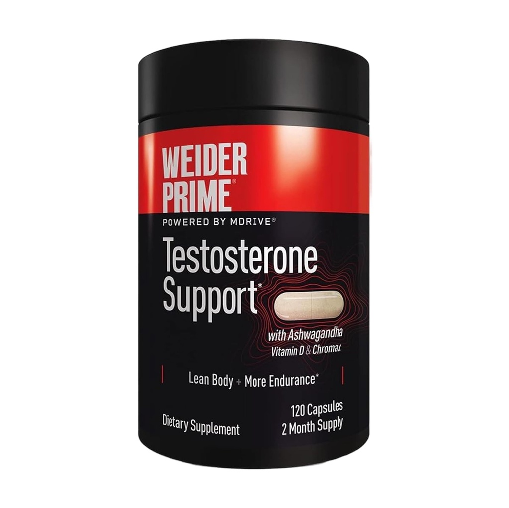 Weider Prime טסטוסטרון תומך - תזונה של גברים - עשיר עם ויטמינים ומינרלים - עם Ashwagandha, Chromax Chromium, Bioperine & Zinc - Gluten Free - 120 קפסולות