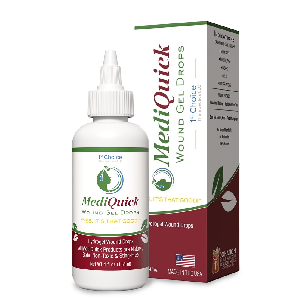 MediQuick Skin & Wound Care hydrogel טיפות - ריפוי מהיר עזרה ראשונה טיפות עם 12 שעות פעולה Heal Cuts, Burns, Inflammation, Rash, Itch, אקסמה ועוד - בטוח Wound Wash עם No-Sting - 4 Fl Oz