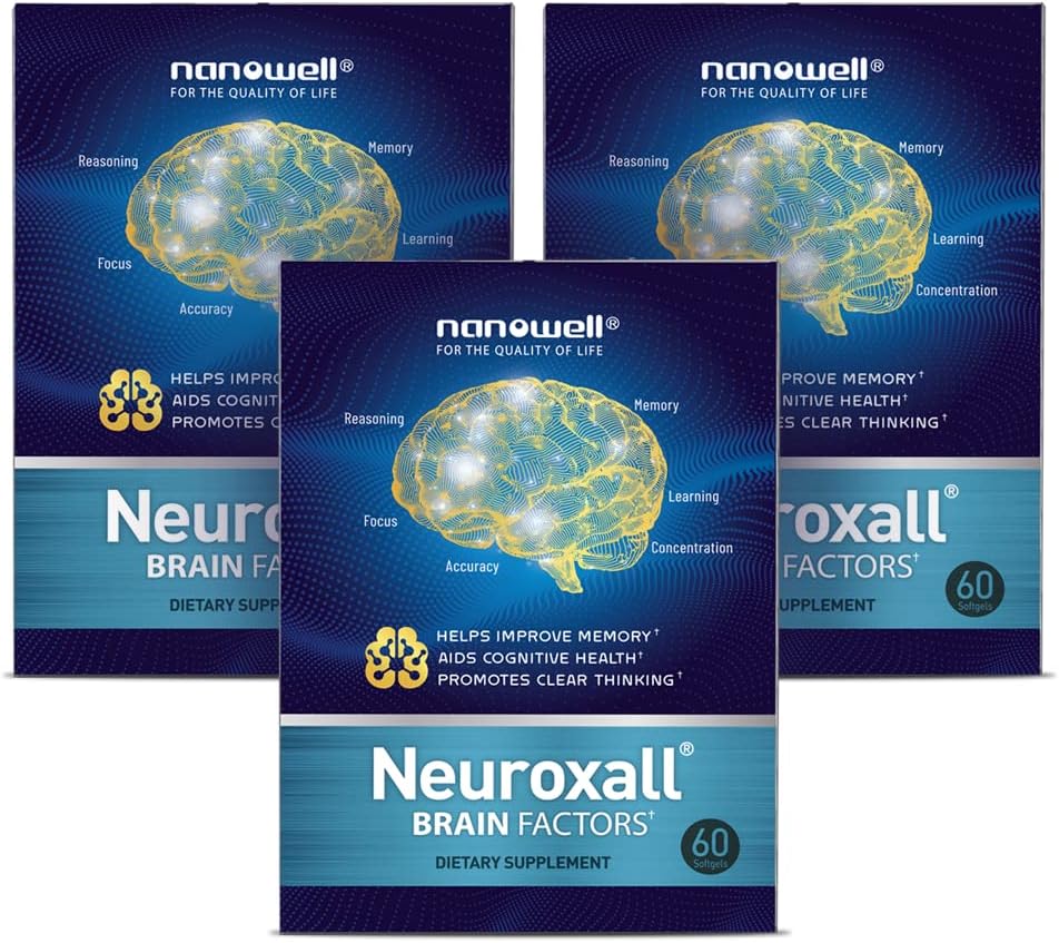 NANOGood Neuroxall Brain Health תוספת של פונקציונליות קוגניטיבית מוגברת וקלילות נפשית, Astaxanthin, Genekgo Biloba, Antioxidant - 60 Softgels X 3 Boxes במשך 3 חודשים ( Count180)