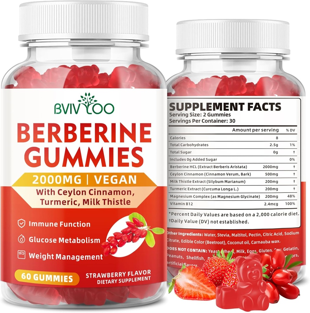 Berberine Gummies,Sugar חינם 2000 מ"ג גבוה עוצמה ברברין HCI תוספת, Plus Ceylon Cinnamon, חלב זהה עבור נשים וגברים, תמיכה במערכת החיסון & Metabolism - 60 מסטיקים