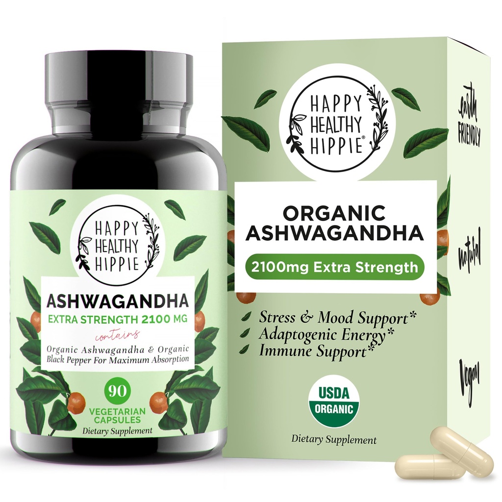 אורגני Ashwagandha קפסולות 2100 מ"ג - תוספת כוח - תוספת כוח, 100% צמחי, אנרגיה, Mood & Cortisol Manager, כולל Black Pepper for High Absorption - Non-GMO, 90 Ct