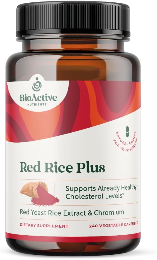 BIOACTIVE NUTRIENTS Red Rice Plus תוסף - 240 קפסולות ירקות - תערובת קניינית של Turmeric, Black Pepper, קייאן פפר, שורש ג'ינג'ר ורוזמרי - תמיכה כולסטרול