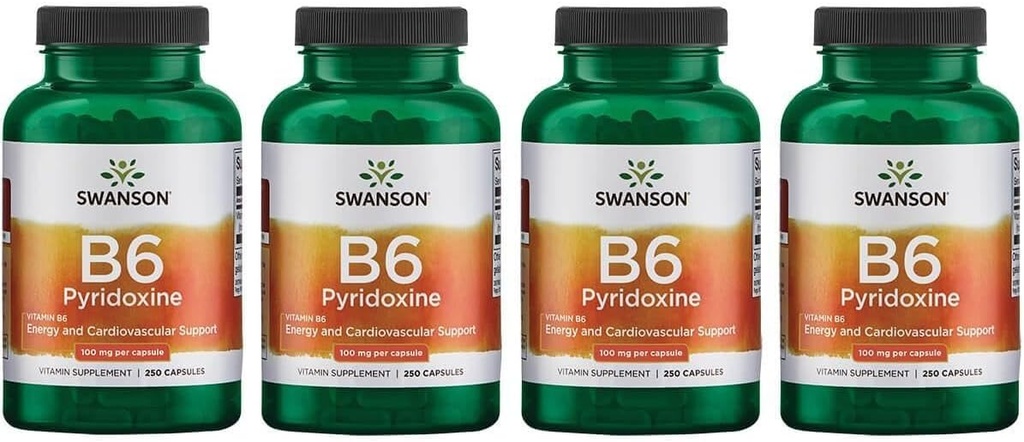 Swanson B6 Pyridoxine - תוסף ויטמין לקידום בריאות ואנרגיה קרדיווסקולרית - פורמולה טבעית לקידום בריאות כללית - (250 קפסולות, 100 מ"ג כל אחד) (4 Pack)